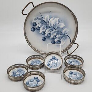 Vintage Metal Frame Ceramic Tray With 6 Coasters Blue & White Cherries Germany